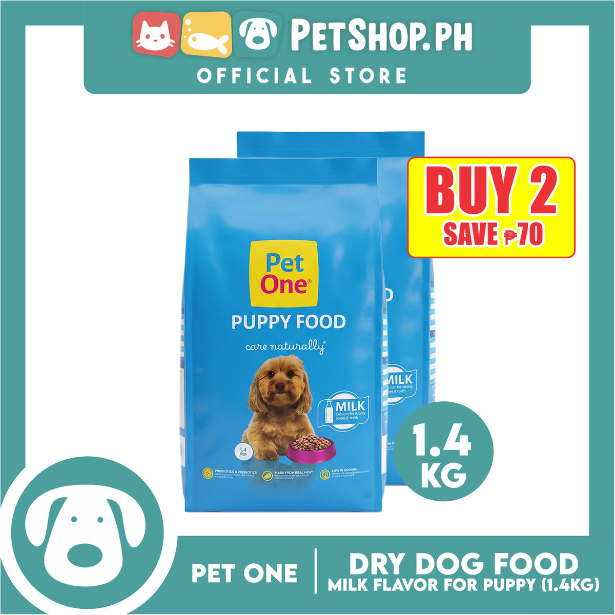 2pcs Pet One Puppy Dry Dog Food - Care Naturally 1.4kg
