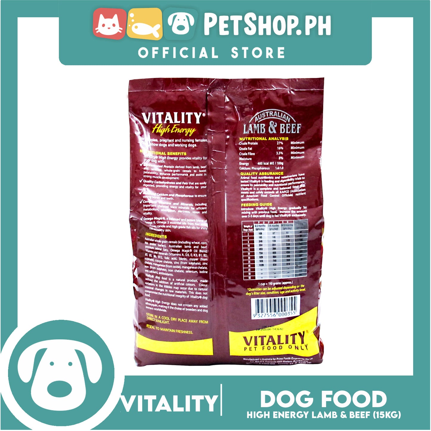 Vitality High Energy Lamb And Beef Dry Dog Food 15kg Promotes Shiny Coat And Healthy Skin Dog Food, Dry Dog Food