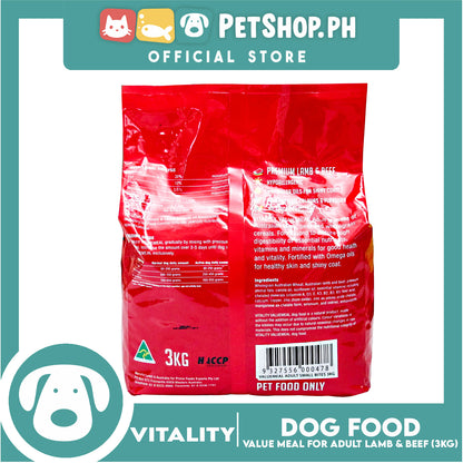 Vitality Valuemeal Adult (Small Bites) for All Breed, Premium Lamb And Beef Flavor Dry Dog Food 3kgs