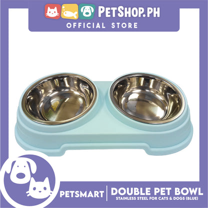 Pet Double Bowl Stainless Steel for Cats and Dogs, Blue Color (Small)