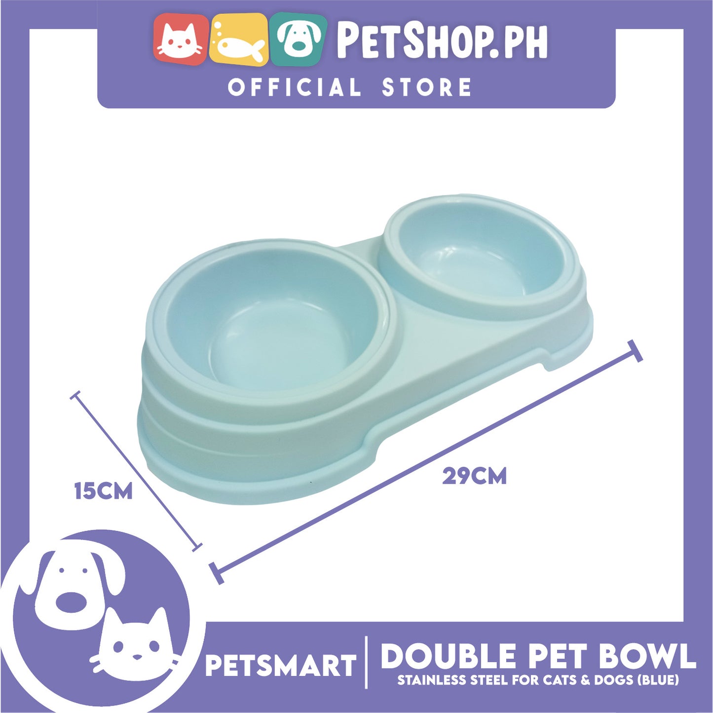 Pet Double Bowl Stainless Steel for Cats and Dogs, Blue Color (Small)