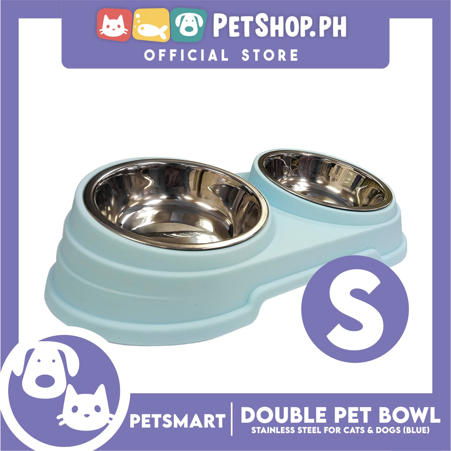 Pet Double Bowl Stainless Steel for Cats and Dogs, Blue Color (Small)