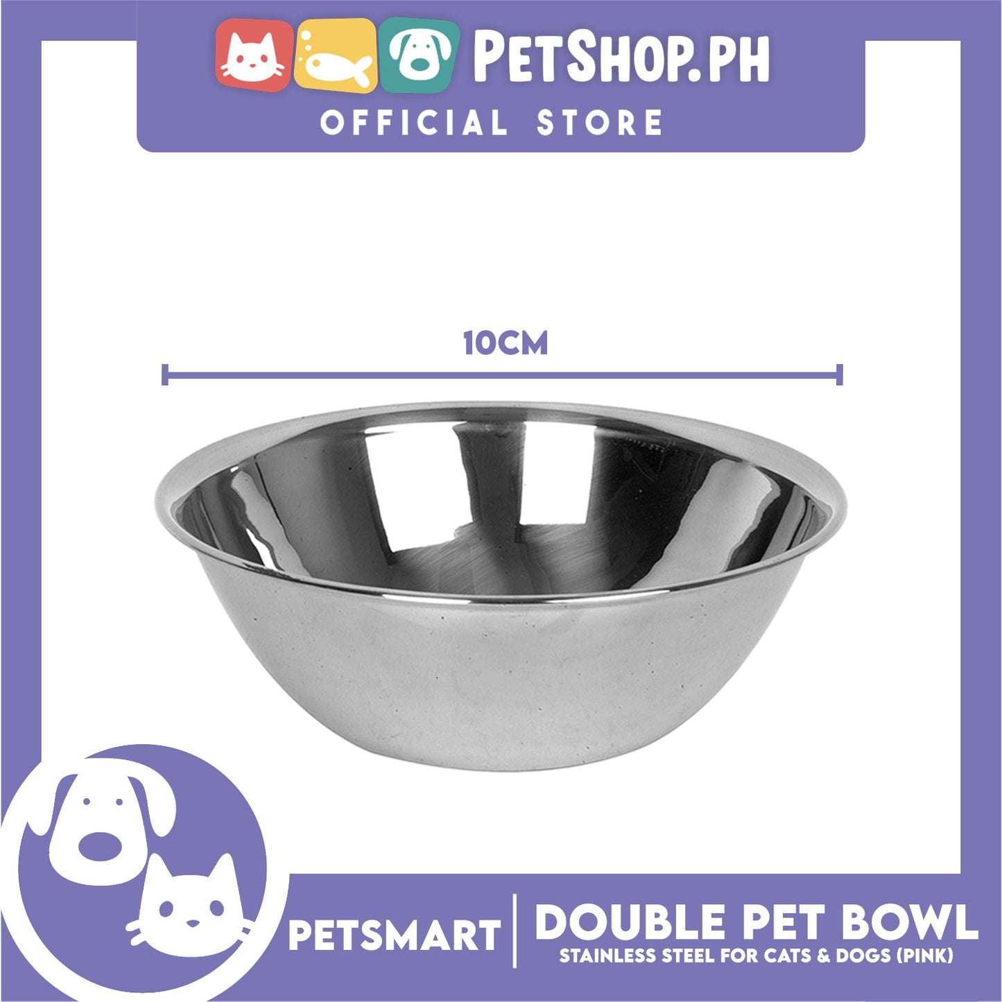 Pet Double Bowl Stainless Steel for Cats and Dogs, Pink Color (Small)
