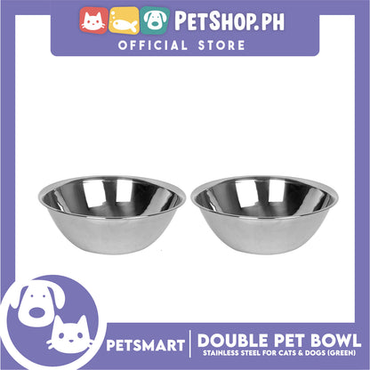 Pet Double Bowl Stainless Steel for Cats and Dogs, Green Color (Small)