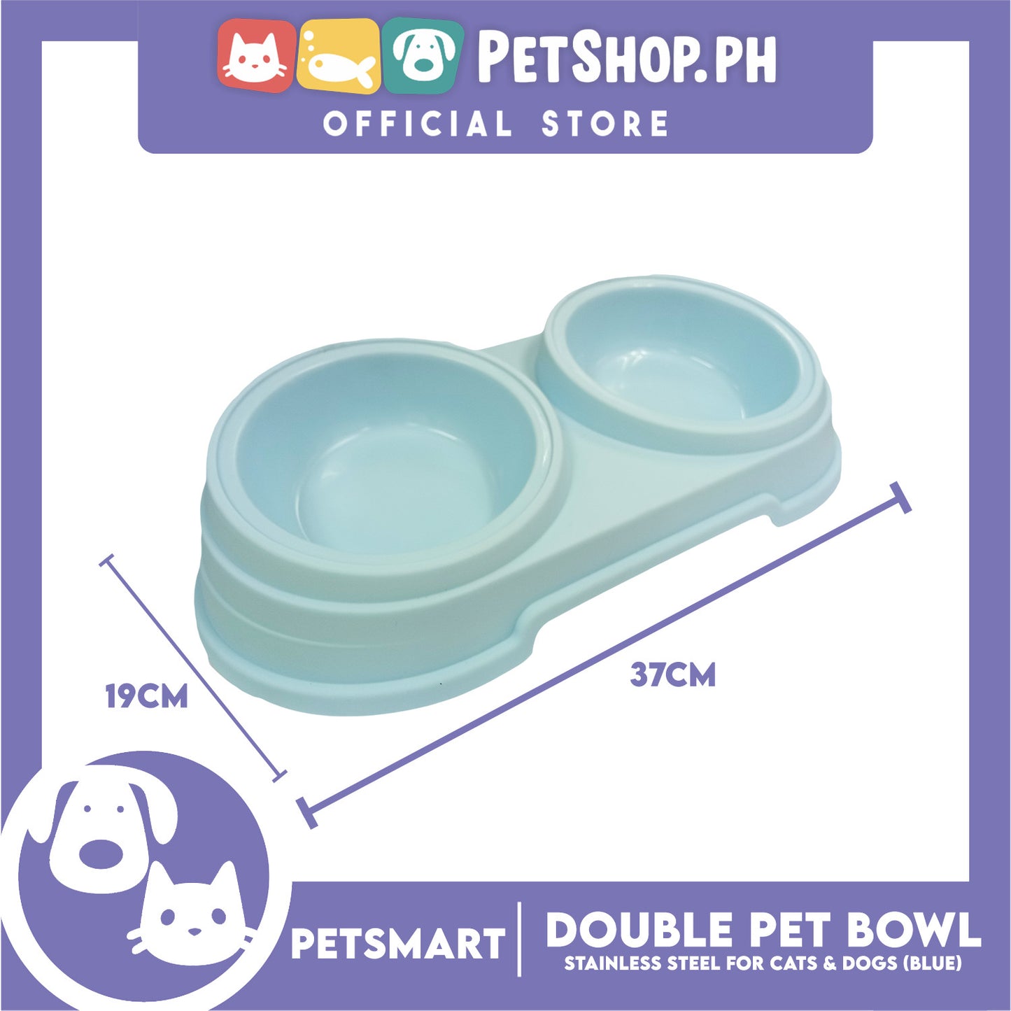 Pet Double Bowl Stainless Steel for Cats and Dogs, Blue Color (Large)