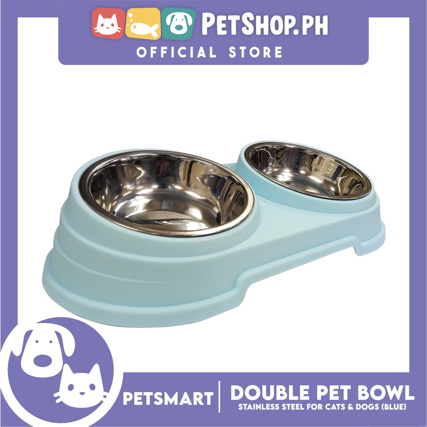 Pet Double Bowl Stainless Steel for Cats and Dogs, Blue Color (Large)