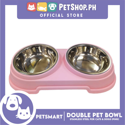 Pet Double Bowl Stainless Steel for Cats and Dogs, Pink Color (Large)