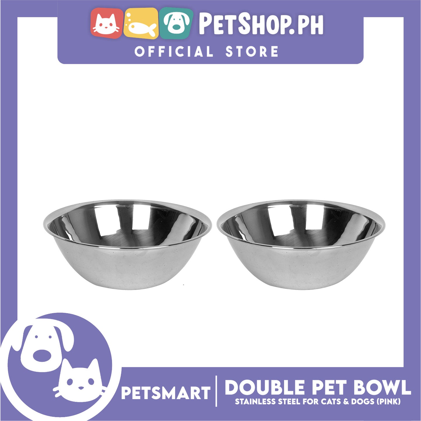 Pet Double Bowl Stainless Steel for Cats and Dogs, Pink Color (Large)