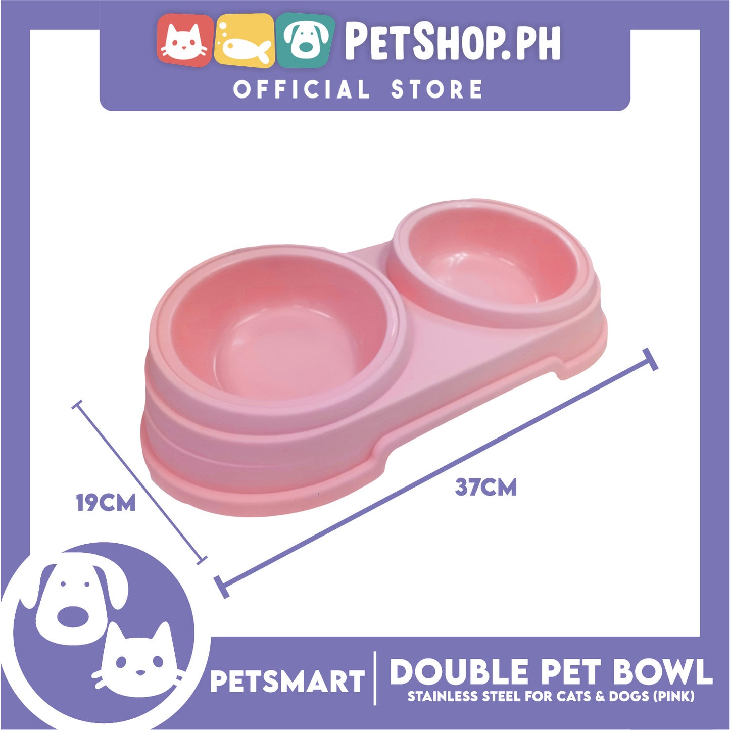 Pet Double Bowl Stainless Steel for Cats and Dogs, Pink Color (Large)