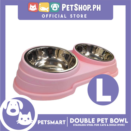 Pet Double Bowl Stainless Steel for Cats and Dogs, Pink Color (Large)