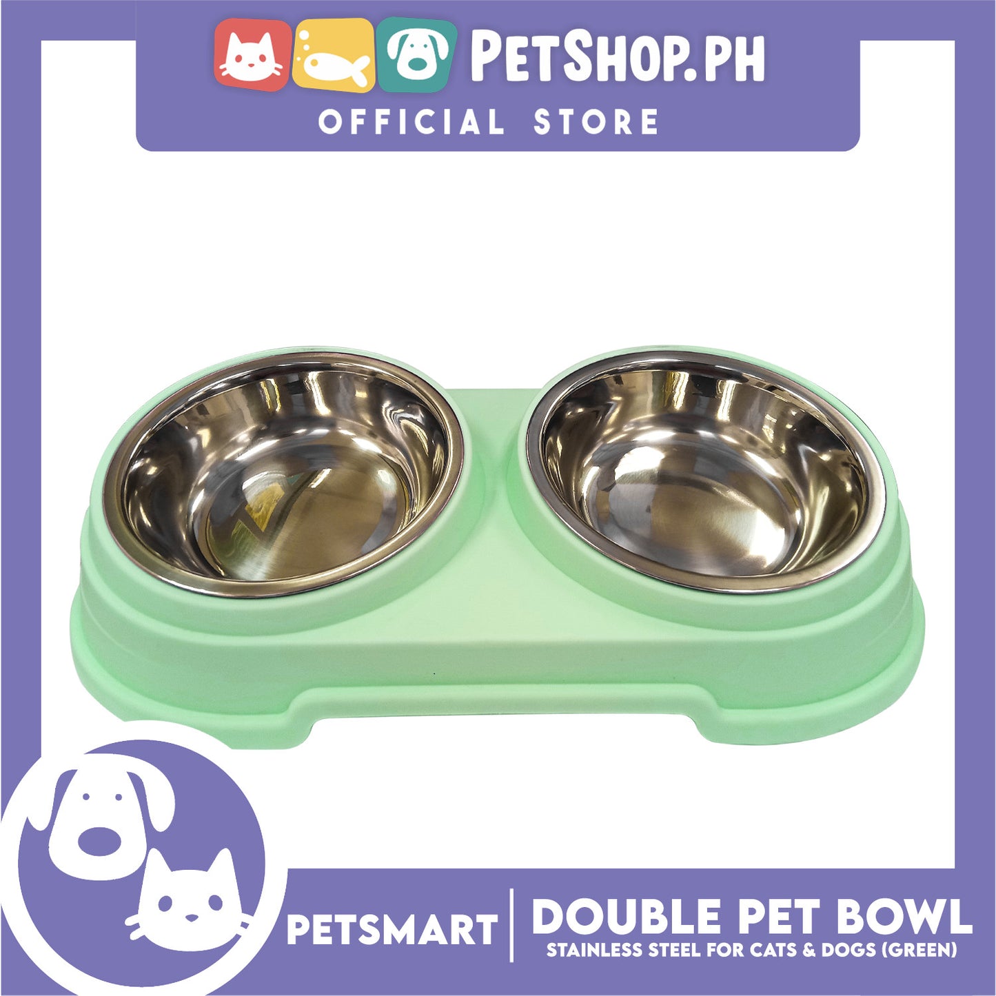 Pet Double Bowl Stainless Steel for Cats and Dogs, Green Color (Large)