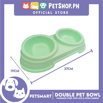 Pet Double Bowl Stainless Steel for Cats and Dogs, Green Color (Large)