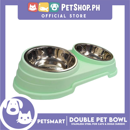 Pet Double Bowl Stainless Steel for Cats and Dogs, Green Color (Large)