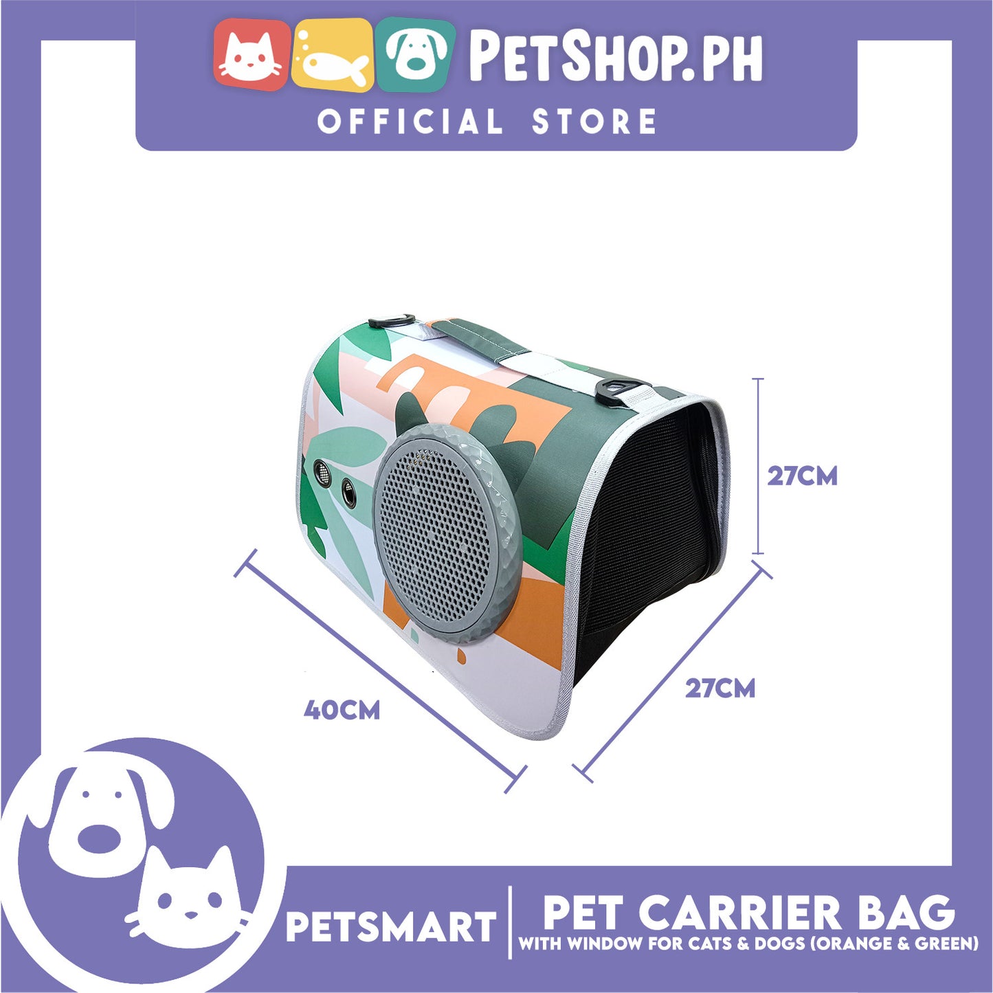 Pet Bag Carrier with Window for Cats and Dogs (Orange and Green) 40cm x 27cm x 27cm