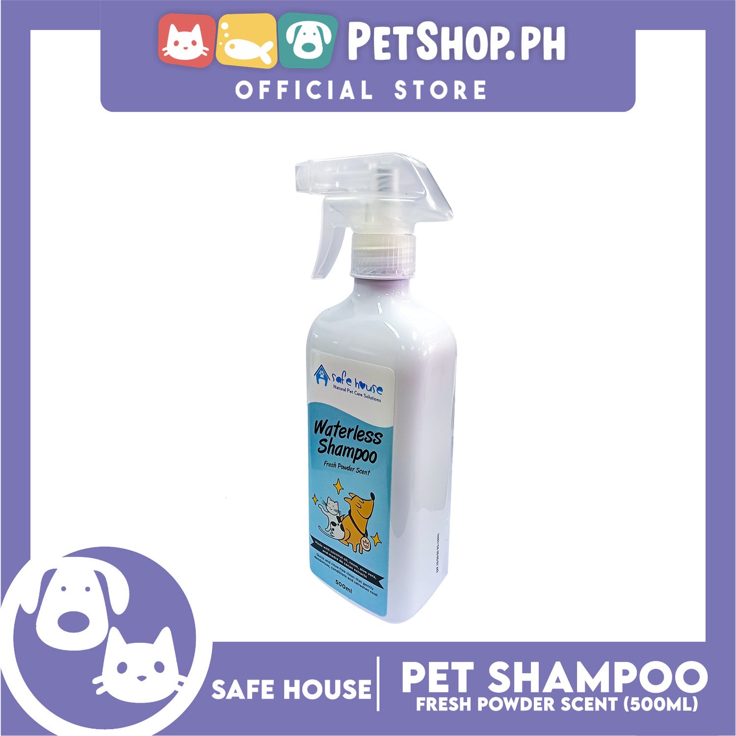 Safe House Natural Pet Care Solutions, Waterless Shampoo Fresh Powder Scent for Pets 500ml