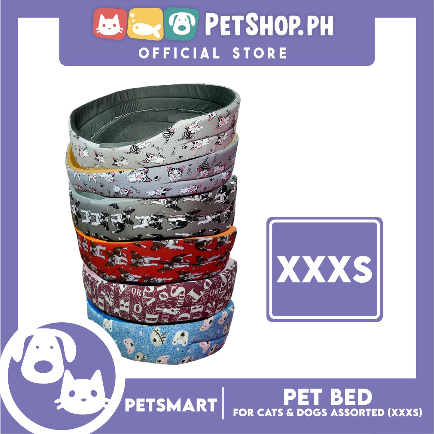 Pet Bed Soft and Comfortable Sleeping Bed XXXS (Assorted Colors and Designs) for Cats and Dogs