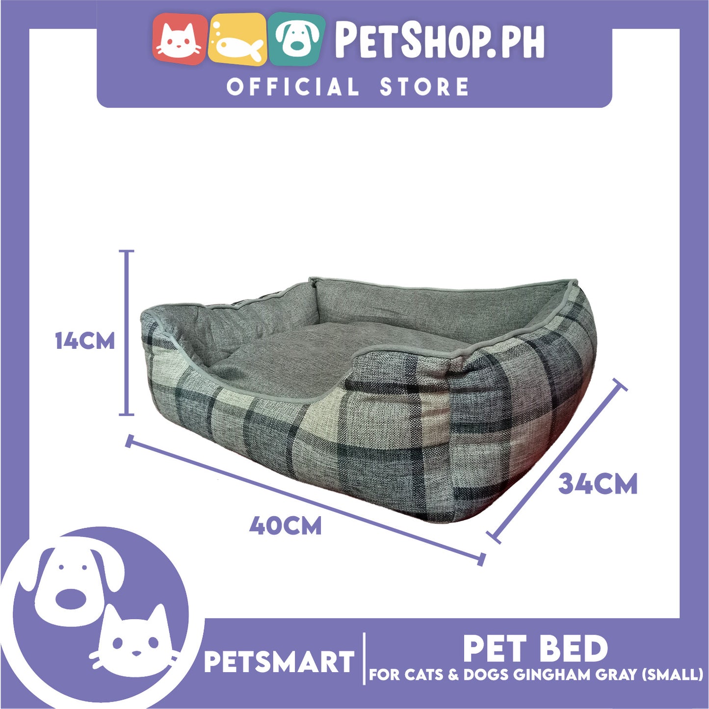 Pet Bed Cat Dog Bed Washable Gingham Gray (Small) with removable cushion