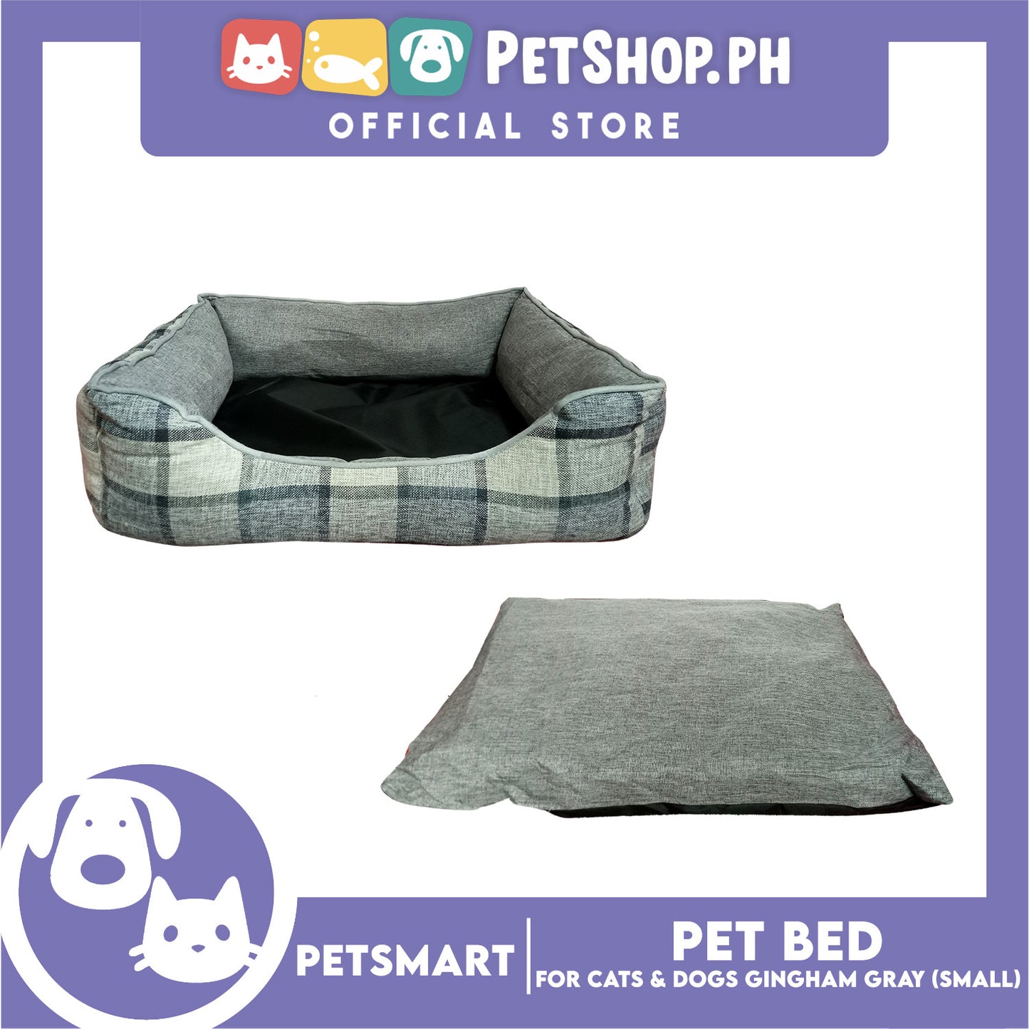 Pet Bed Cat Dog Bed Washable Gingham Gray (Small) with removable cushion