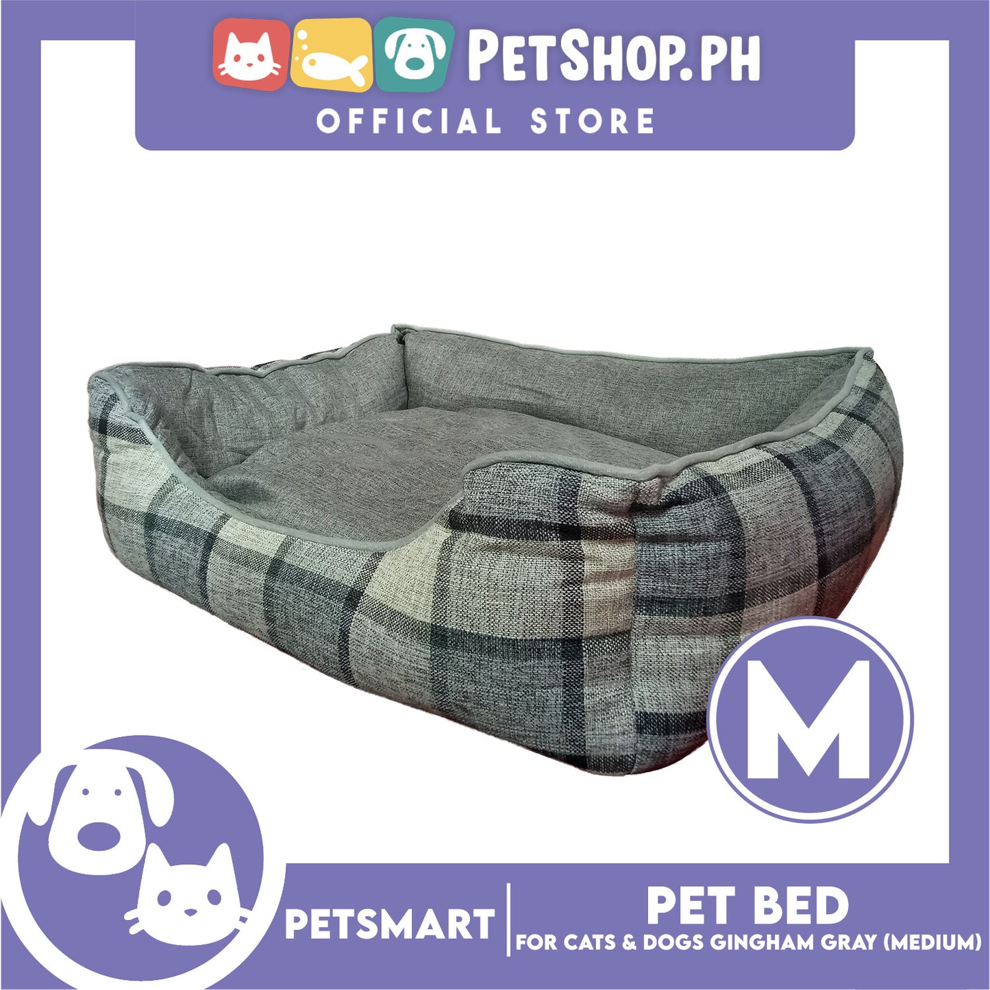 Pet Bed Cat Dog Bed Washable Gingham Gray (Medium) with removable cushion