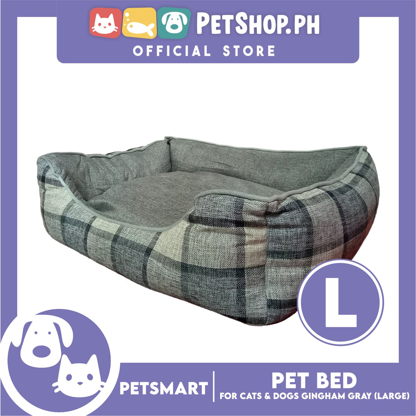 Pet Bed Cat Dog Bed Washable Gingham Gray (Large) with removable cushion