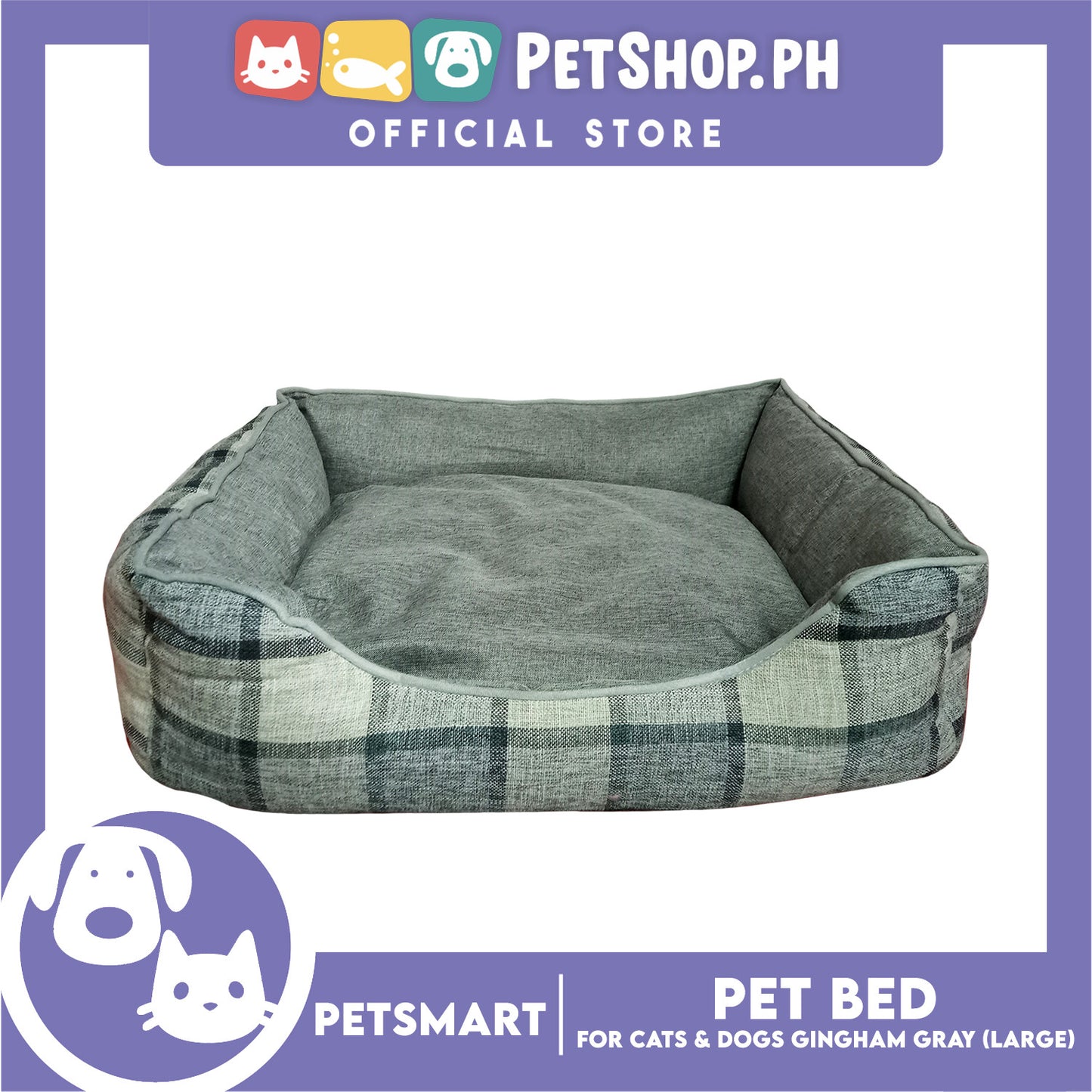 Pet Bed Cat Dog Bed Washable Gingham Gray (Large) with removable cushion