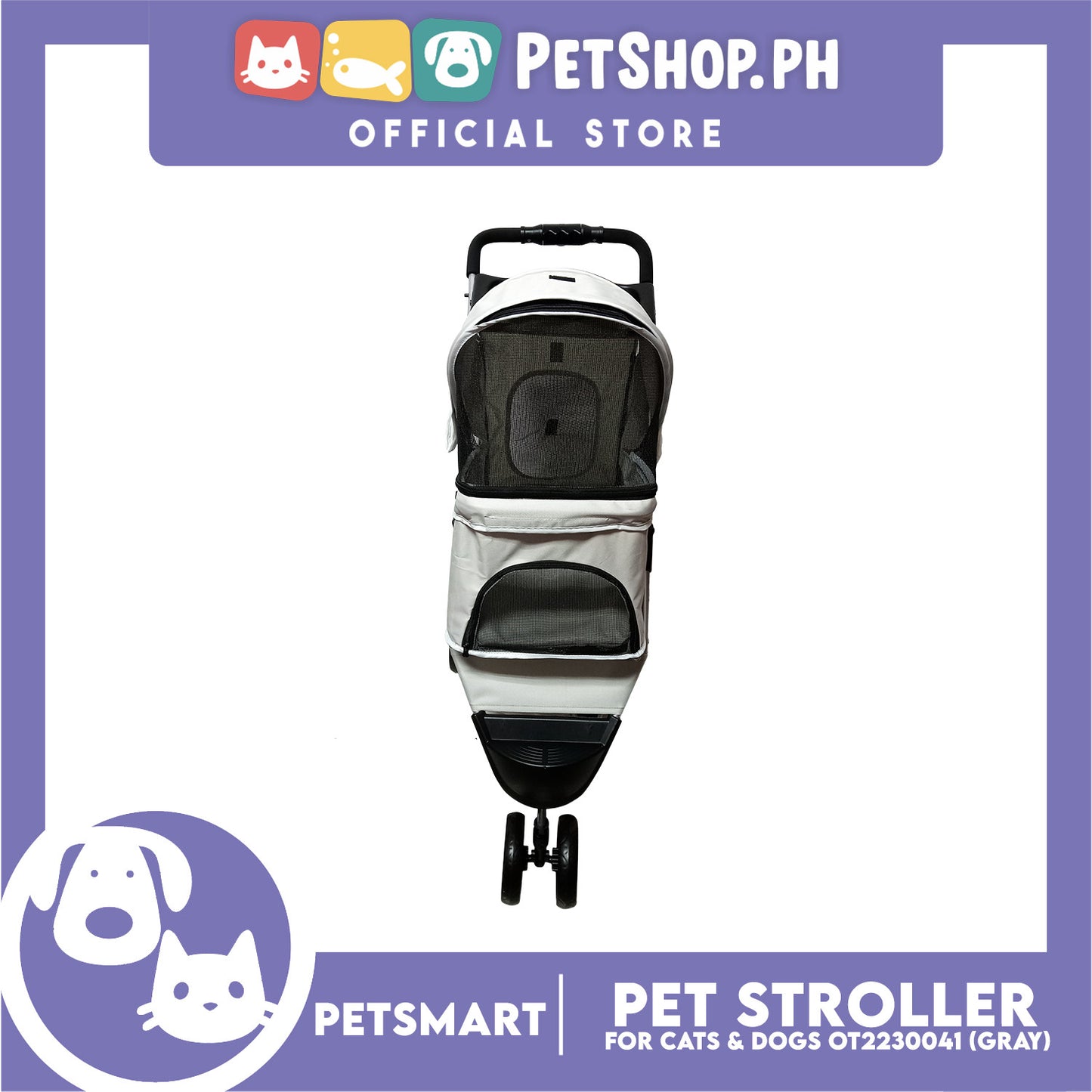 Pet Stroller 3 Wheels for Cats and Dogs, Gray Color (OT2230041) 36cm x 73cm x 105cm