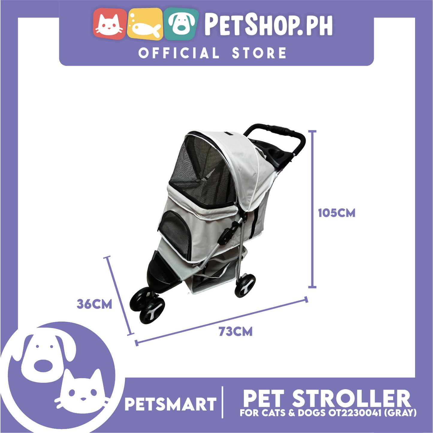 Pet Stroller 3 Wheels for Cats and Dogs, Gray Color (OT2230041) 36cm x 73cm x 105cm