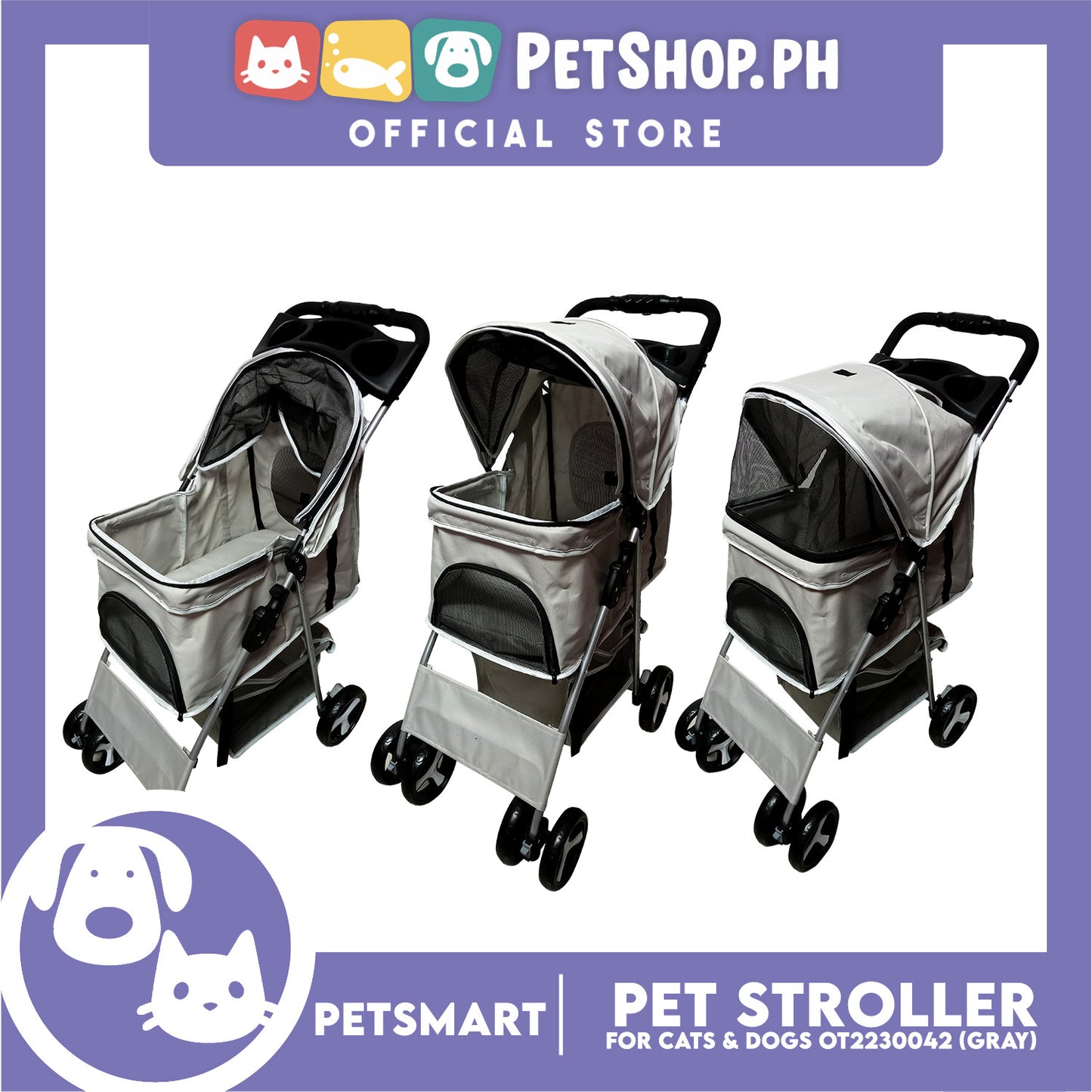 Pet Stroller 4 Wheels for Cats and Dogs, Gray Color (OT2230042) 36cm x 82cm x 105cm