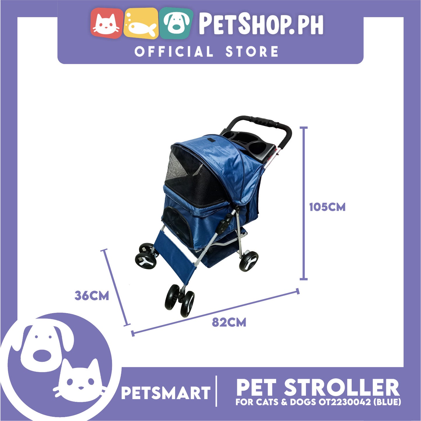 Pet Stroller 4 Wheels for Cats and Dogs, Blue Color (OT2230042) 36cm x 82cm x 105cm