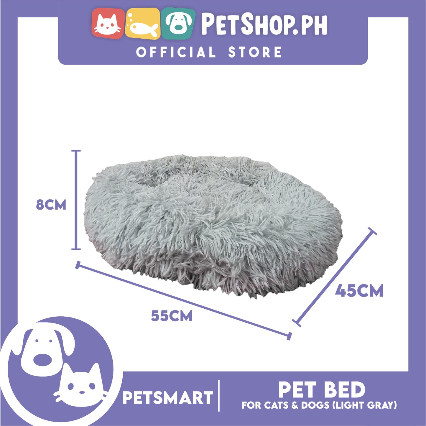 Pet Bed for Cats and Dogs (Light Gray Color) Medium Size 55cm x 45cm x 8cm