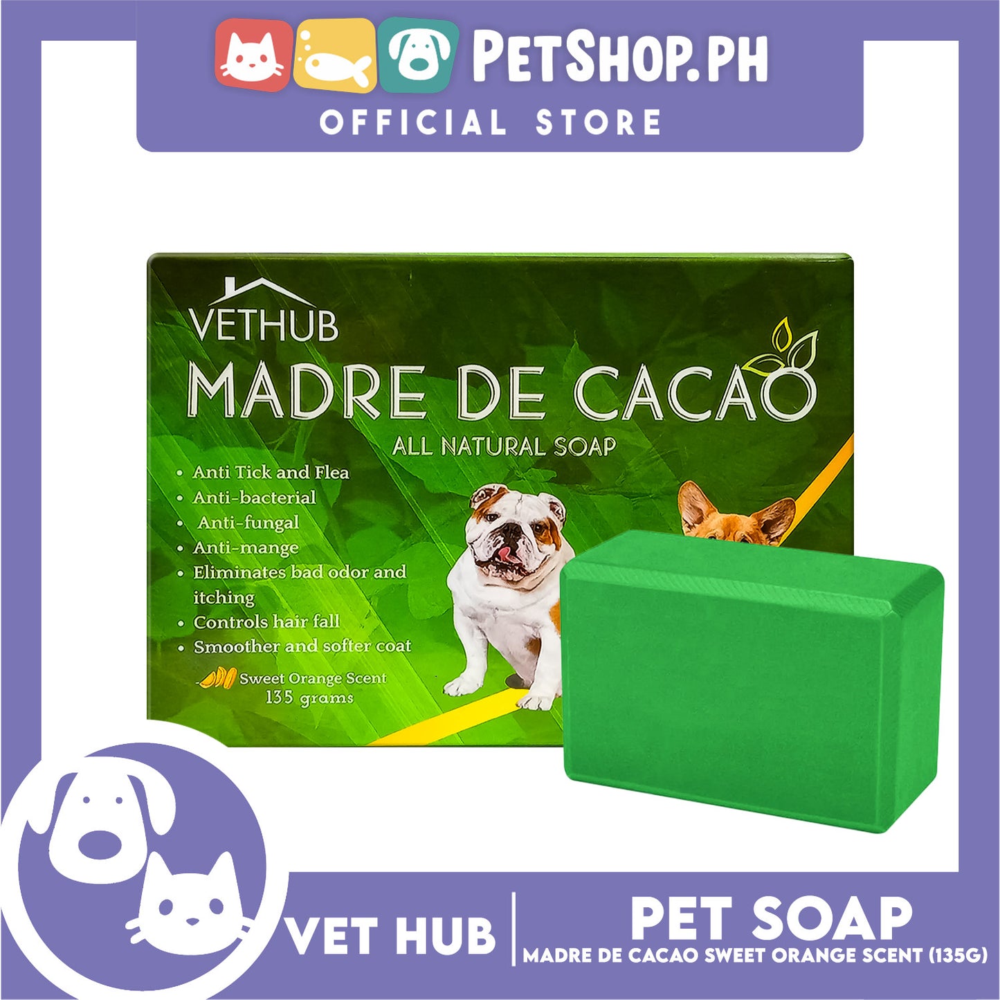 Vethub Madre De Cacao All Natural Soap for Cats and Dogs, 135g (Sweet Orange Scent)