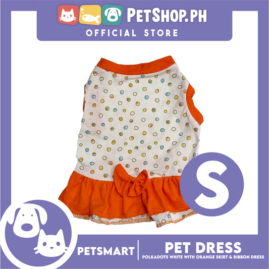 Pet Dress Polkadots White with Orange Color Skirt and Ribbon Design, Small Size (DG-CTN200S)