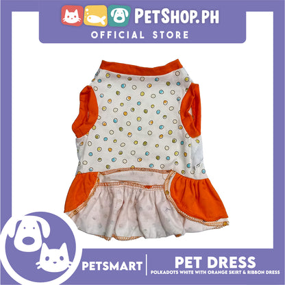 Pet Dress Polkadots White with Orange Color Skirt and Ribbon Design, Small Size (DG-CTN200S)