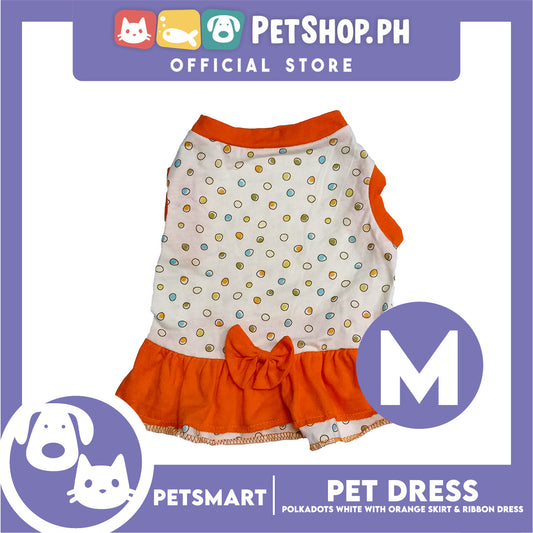 Pet Dress Polkadots White with Orange Color Skirt and Ribbon Design, Medium Size (DG-CTN200M)