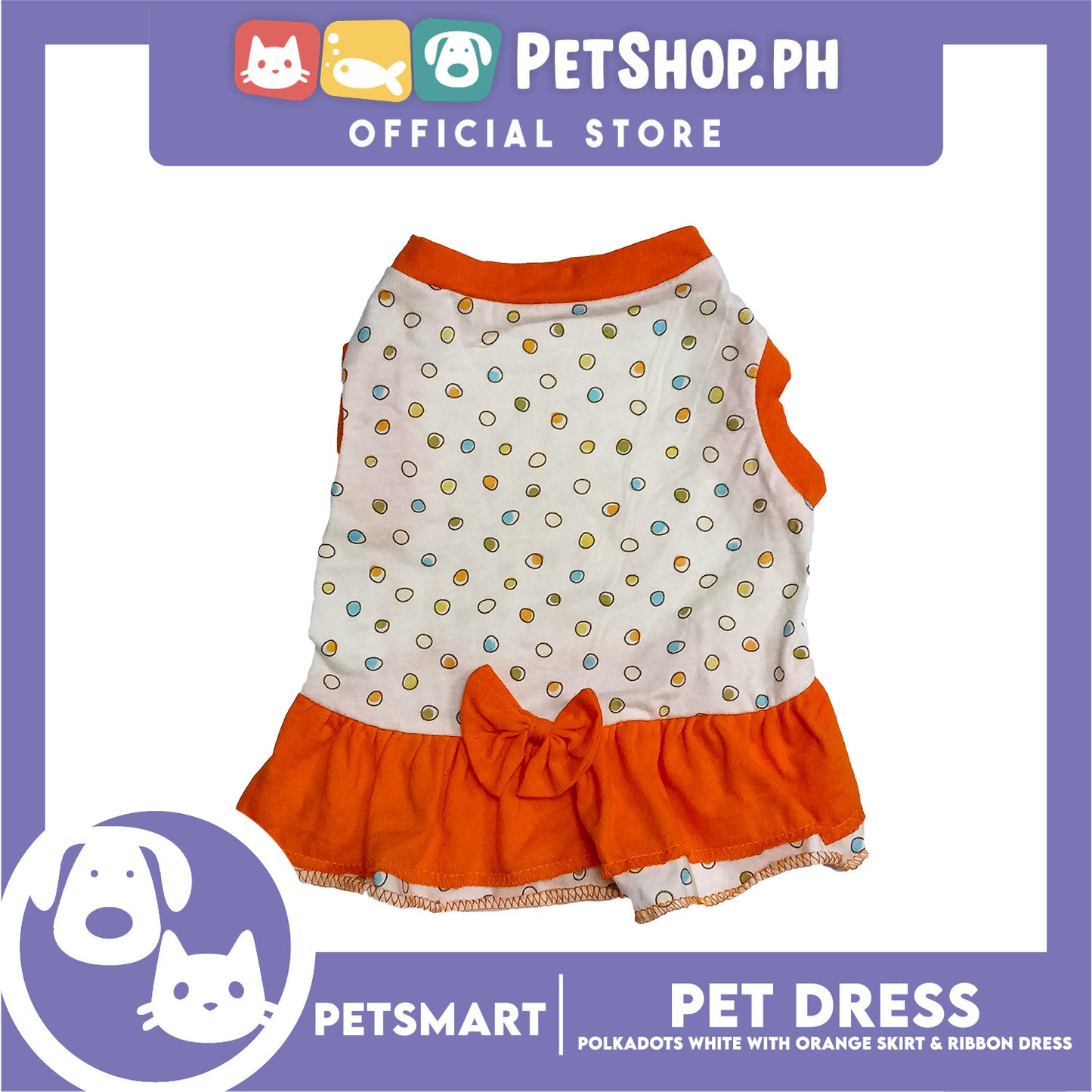Pet Dress Polkadots White with Orange Color Skirt and Ribbon Design, Medium Size (DG-CTN200M)