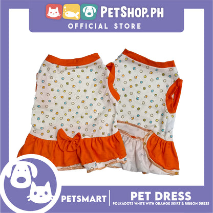 Pet Dress Polkadots White with Orange Color Skirt and Ribbon Design, Medium Size (DG-CTN200M)