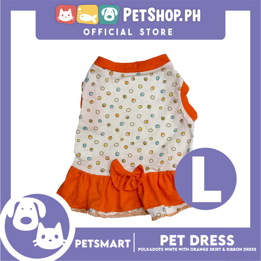 Pet Dress Polkadots White with Orange Color Skirt and Ribbon Design, Large Size (DG-CTN200L)