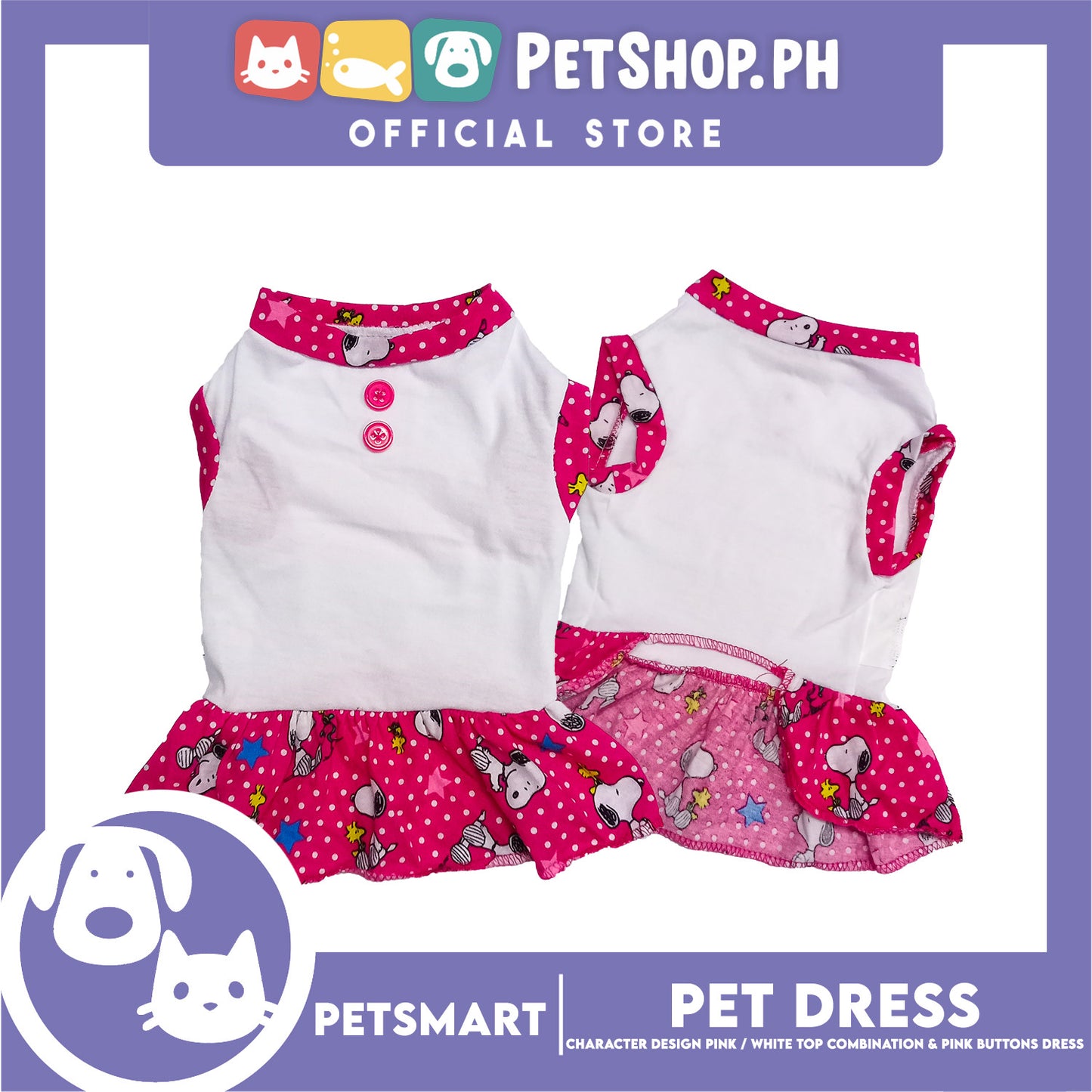 Pet Dress Character Design, Pink and White Top Combination and Pink Button Color Design, Large Size (DG-CTN204L)