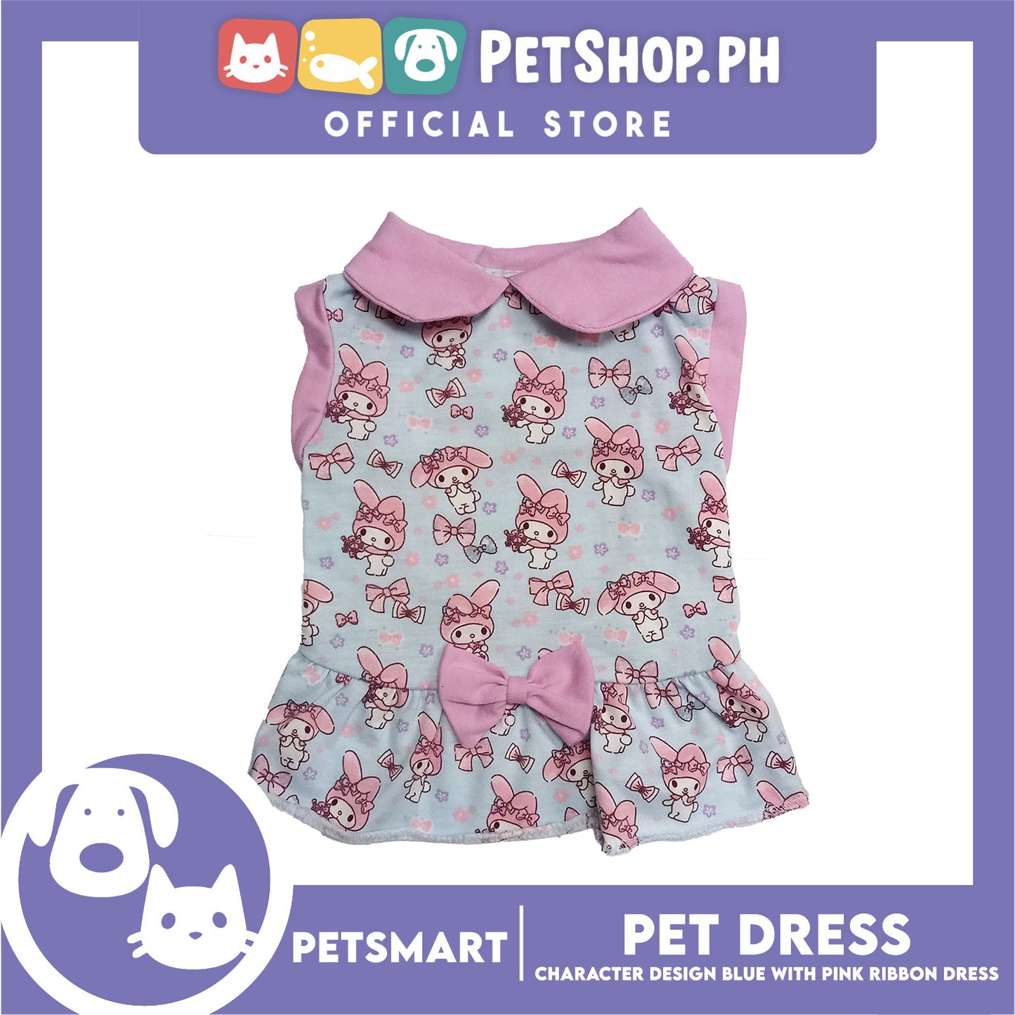 Pet Dress Character Design, Blue with Pink Ribbon Color, Medium Size (DG-CTN205M)