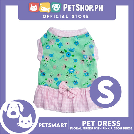 Pet Dress Floral Green with Pink Ribbon Design, Small Size (DG-CTN212S)