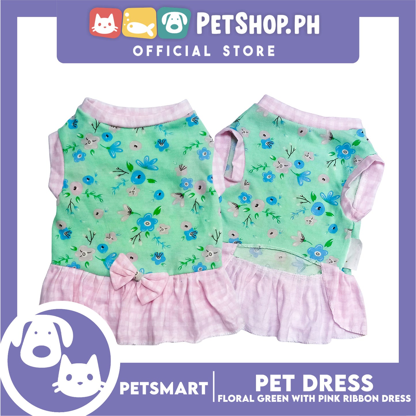 Pet Dress Floral Green with Pink Ribbon Design, Large Size (DG-CTN212L)