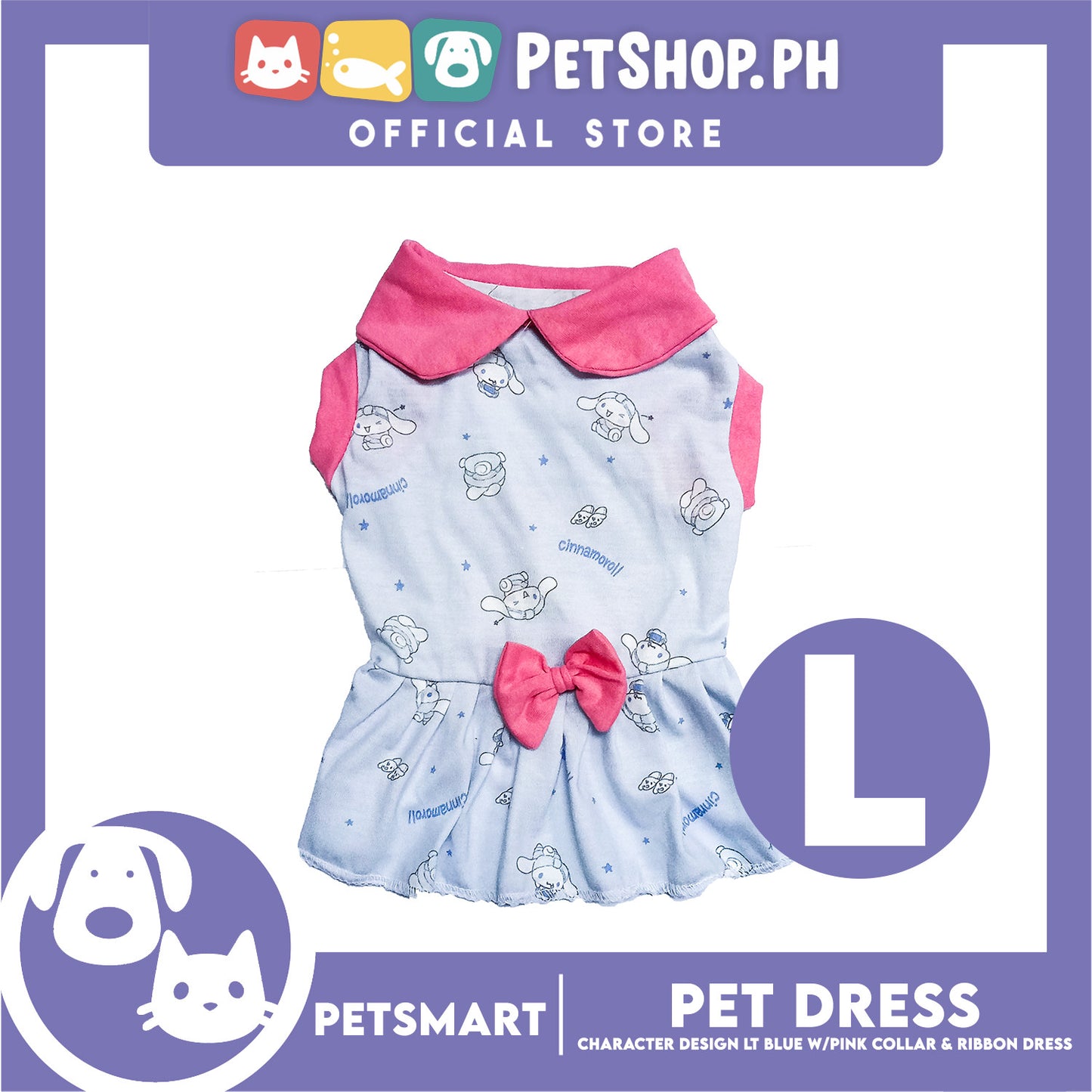 Pet Dress Character Design Light Blue with Pink Collar and Ribbon Color Design, Large Size (DG-CTN201L)