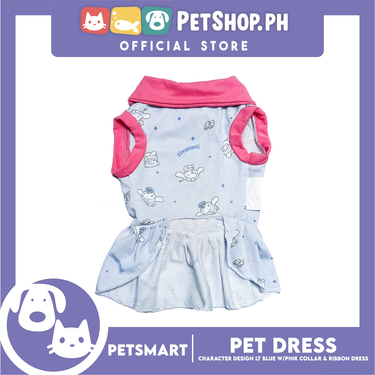 Pet Dress Character Design Light Blue with Pink Collar and Ribbon Color Design, Large Size (DG-CTN201L)