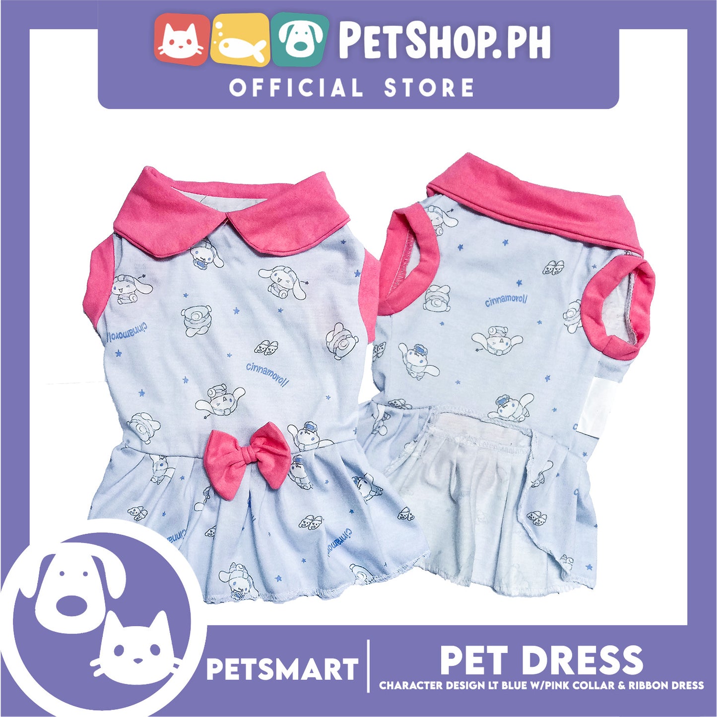 Pet Dress Character Design Light Blue with Pink Collar and Ribbon Color Design, Large Size (DG-CTN201L)