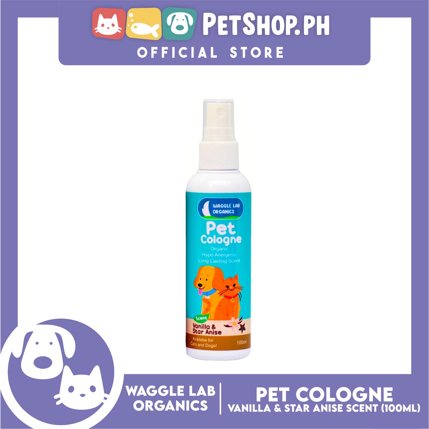 Waggle Lab Organics Pet Cologne (Vanilla and Star Anise Scent) for Cats and Dogs 100ml