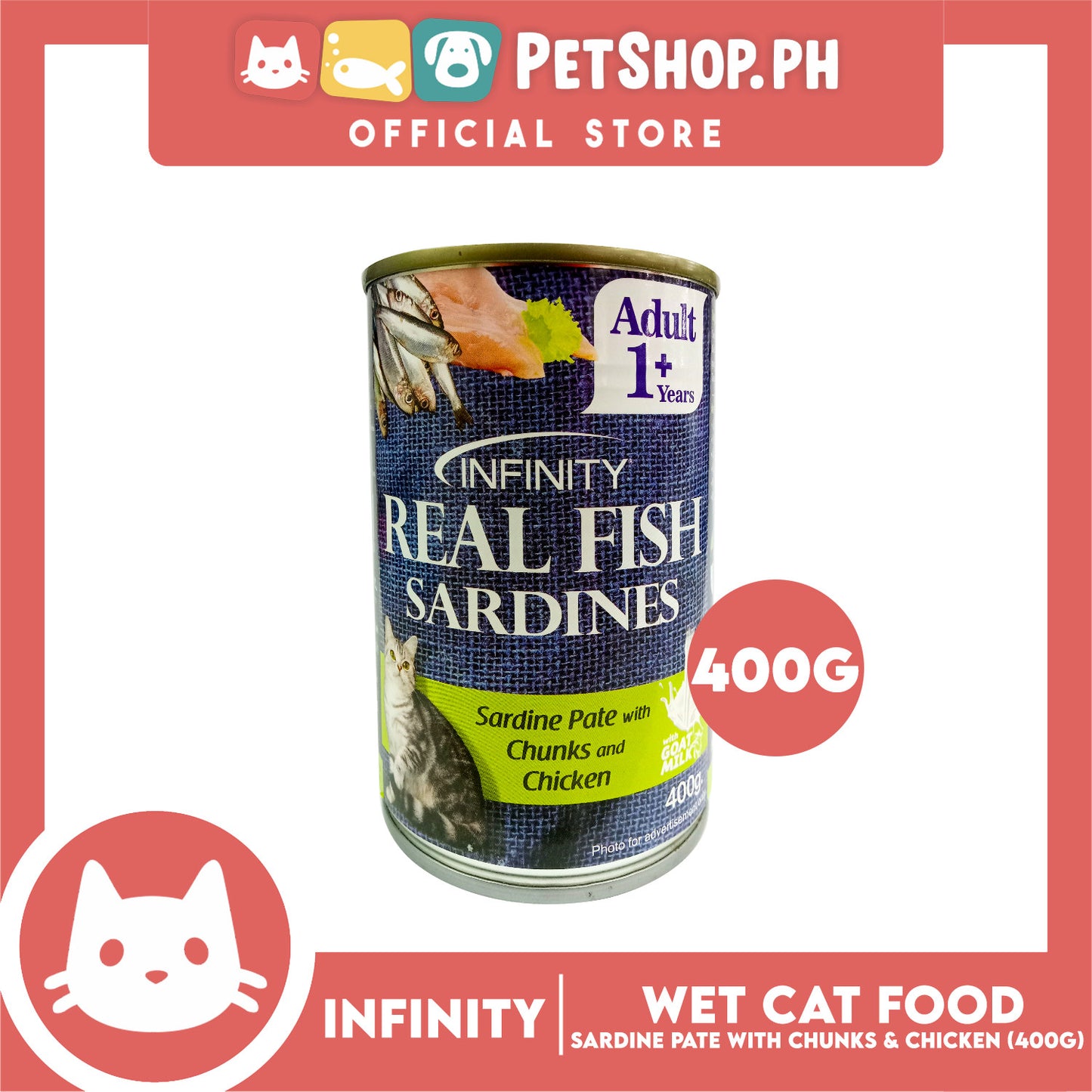 Infinity Real Fish Sardines Adult Cat Can Wet Food (Sardine Pate with Chunks and Chicken) 400g