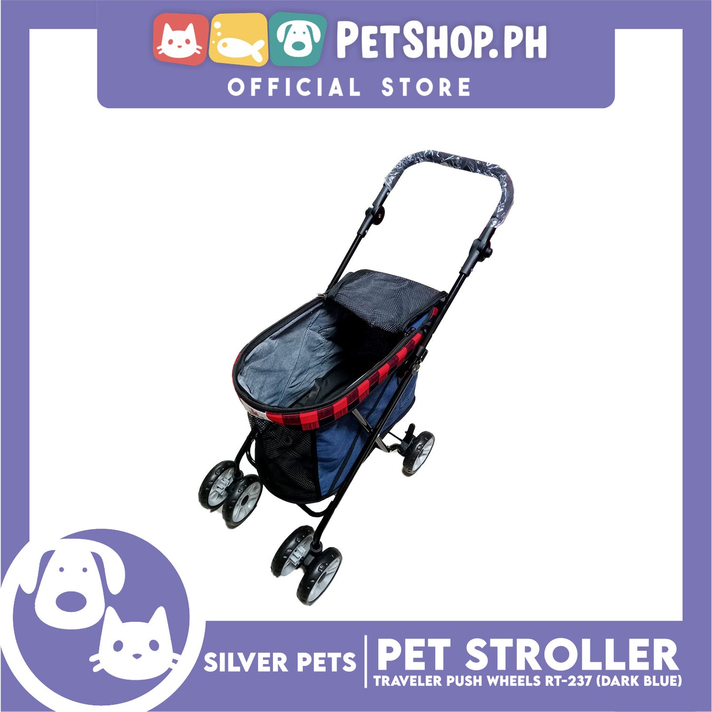 Silver Pet Travel Push Pet Stroller 4 Wheels for Cats and Dogs, Black Color RT-237