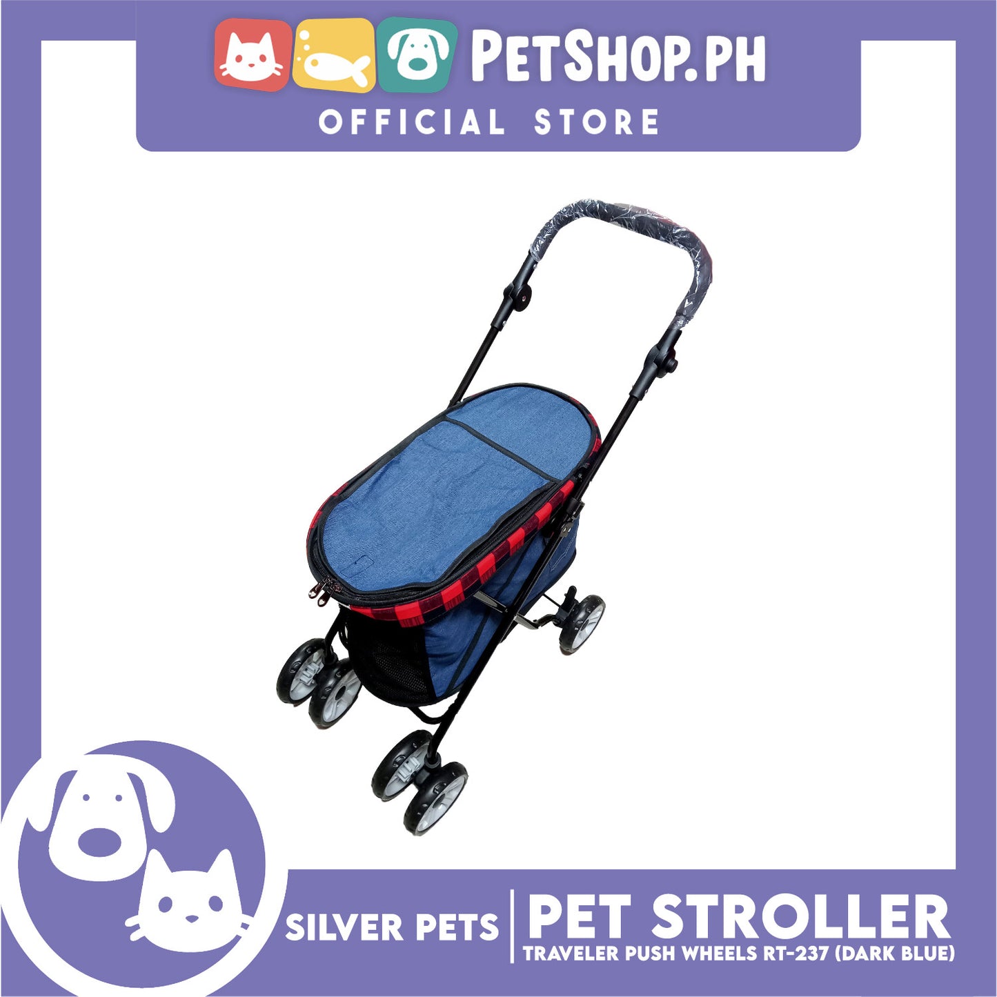 Silver Pet Travel Push Pet Stroller 4 Wheels for Cats and Dogs, Black Color RT-237