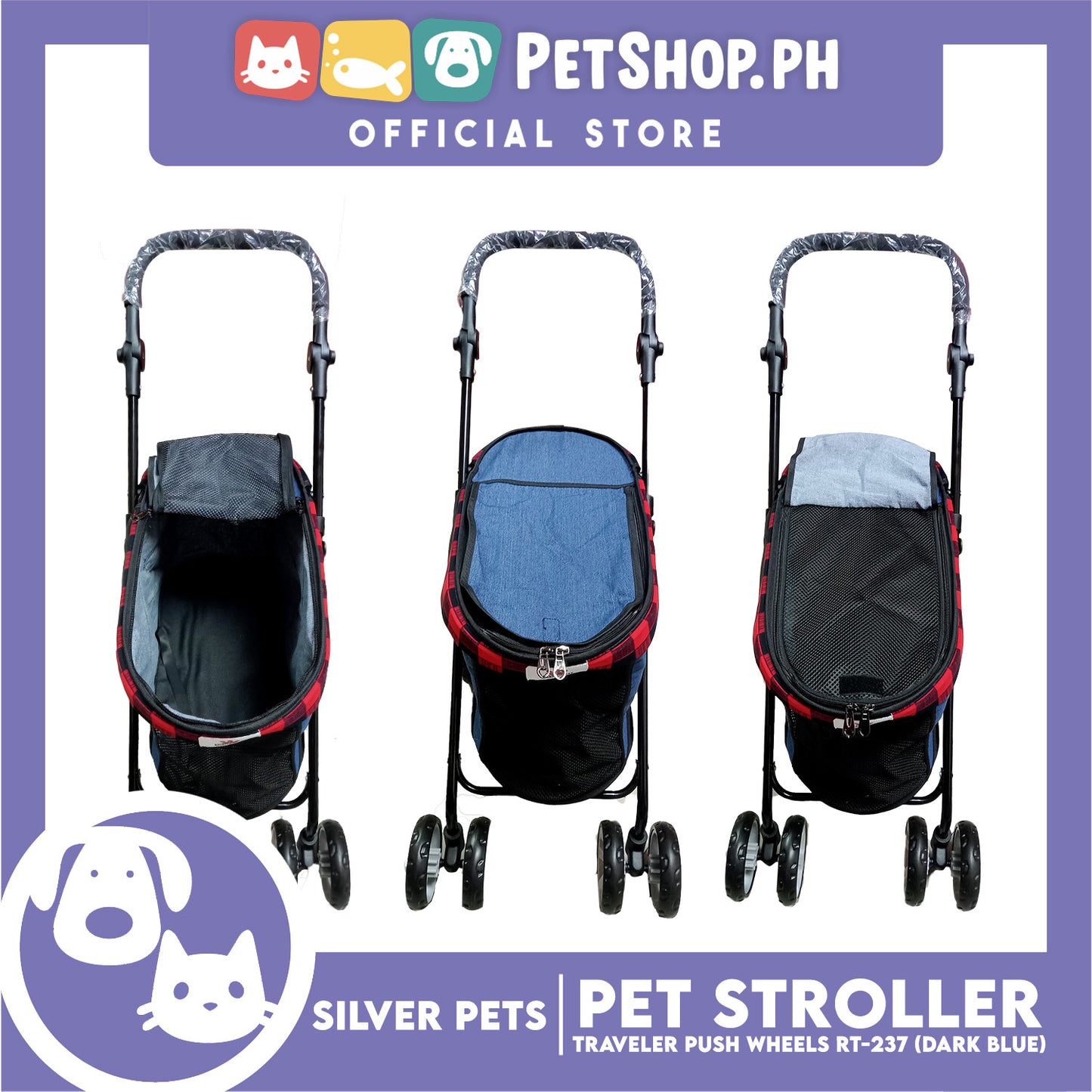 Silver Pet Travel Push Pet Stroller 4 Wheels for Cats and Dogs, Black Color RT-237