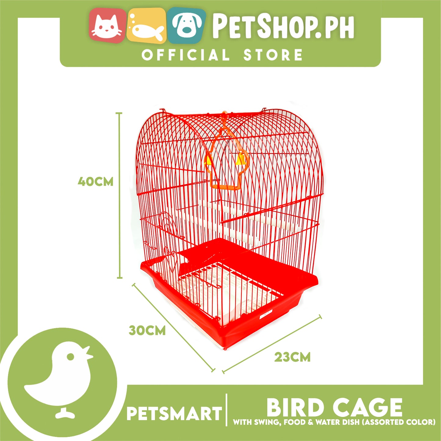 Bird Cage with Swing, Food and Water Dish #1000 (Assorted Color) , 30cm x 23cm x 40cm